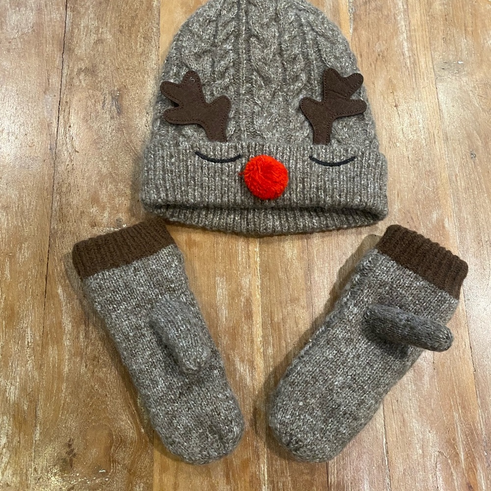Playful Gray and Brown Knit Hat and Mittens